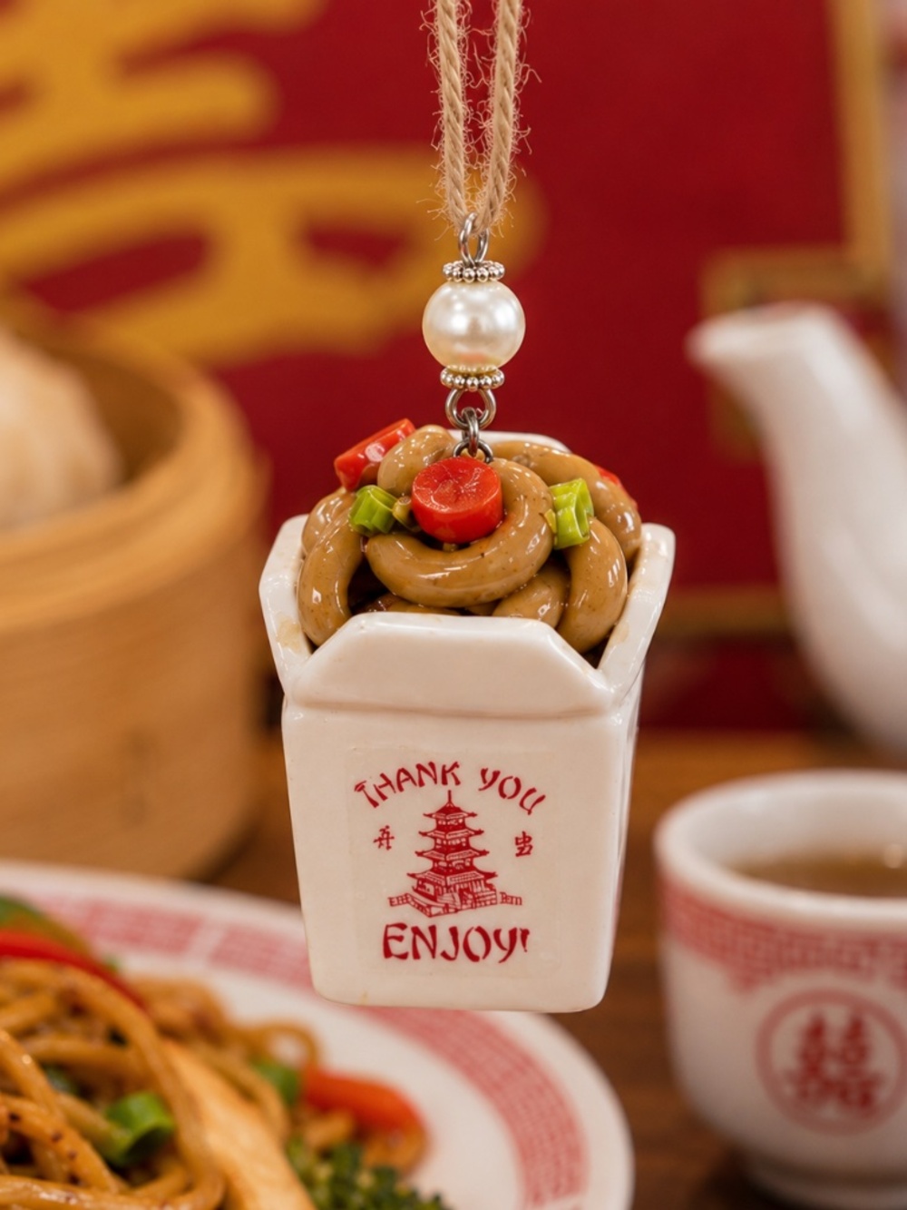 Chinese Food Takeout Box Lo Mein Ornament | Handmade Mini Takeout Decor | Foodie